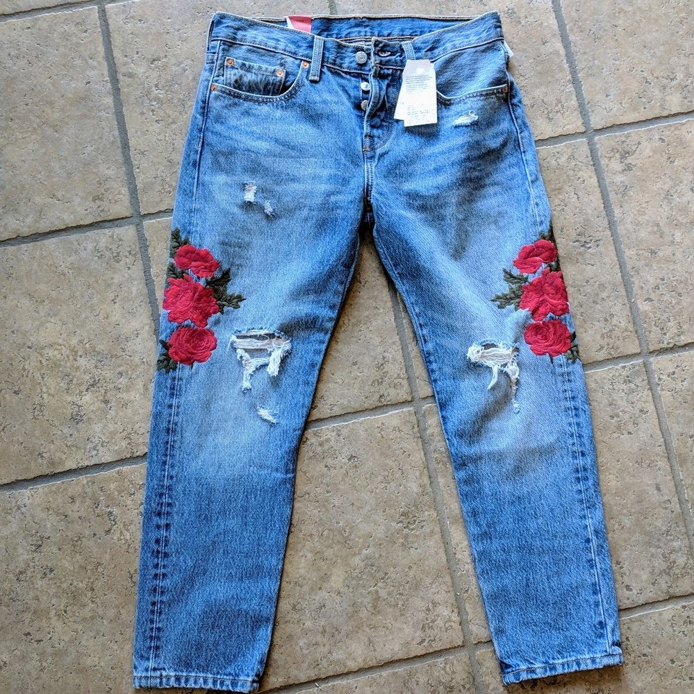 Levi's 501 T Rose Embroided Cropped Denim Jeans